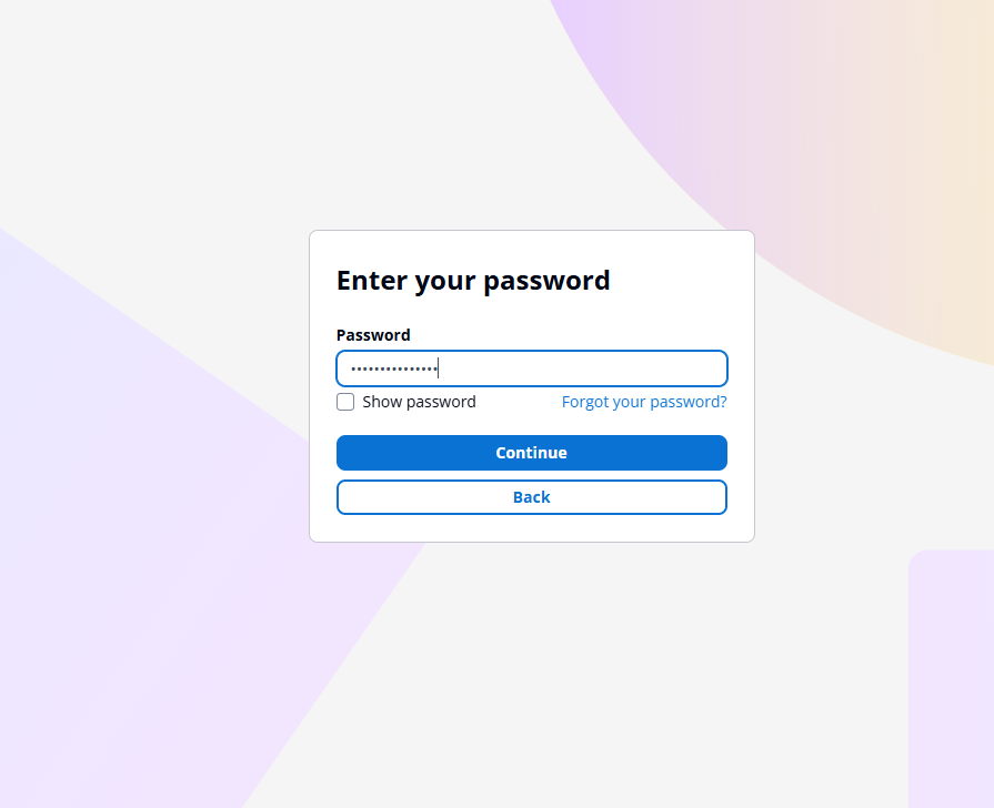 Enter your password と書かれた画面。Password の入力欄に伏せ字が入り、その下に青い Continue ボタンがある。